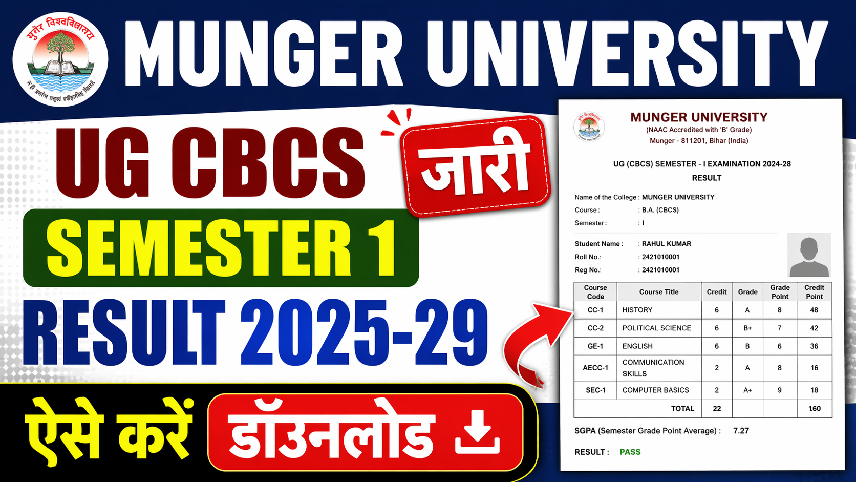 Munger University UG CBCS Semester 1 Result 2025-29